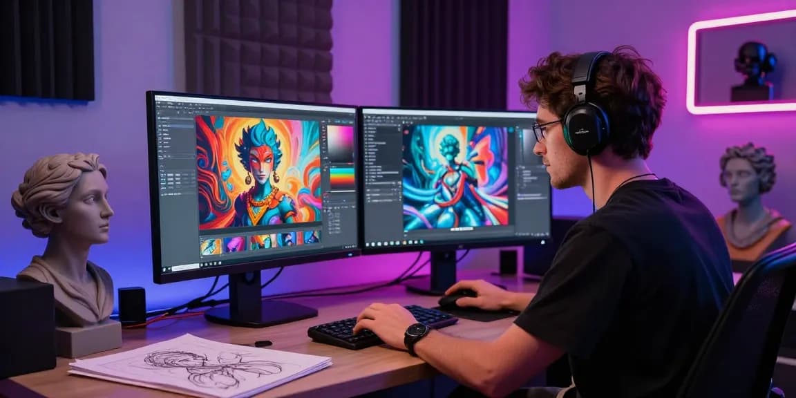 Creating NSFW AI imagery in a modern digital art studio, with vibrant colors and advanced software tools.