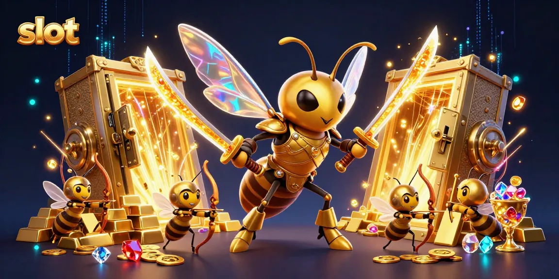 Slot yang mengasyikkan dalam ilustrasi 3D dengan hornet besar dan elemen kasino meriah di sekitarnya.