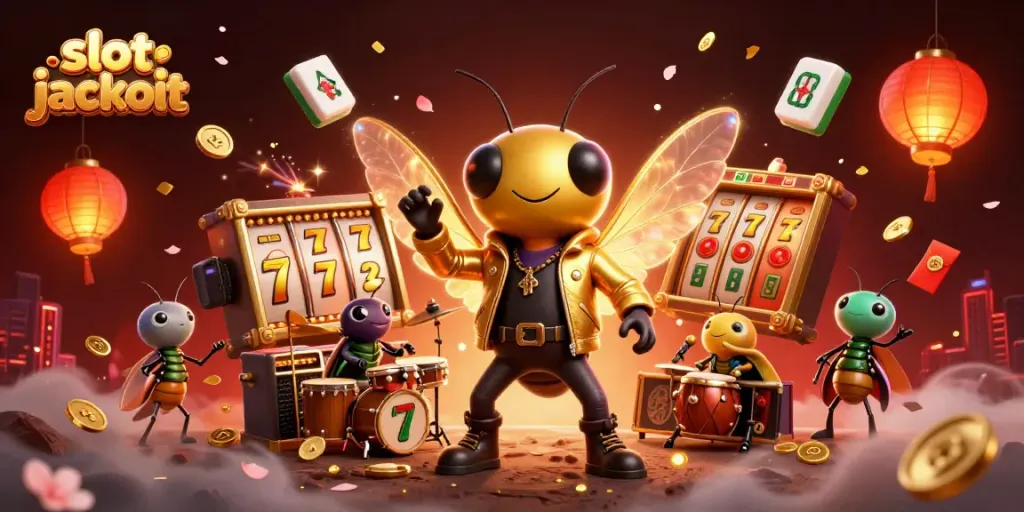 Gambarkan slot jackpot yang menarik dengan karakter rock star kasino unik dan banyak elemen beruntung di sekitar.