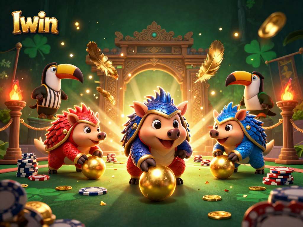 Iwin rivals clash in a thrilling casino scene with vibrant pangolins and dynamic gaming elements.