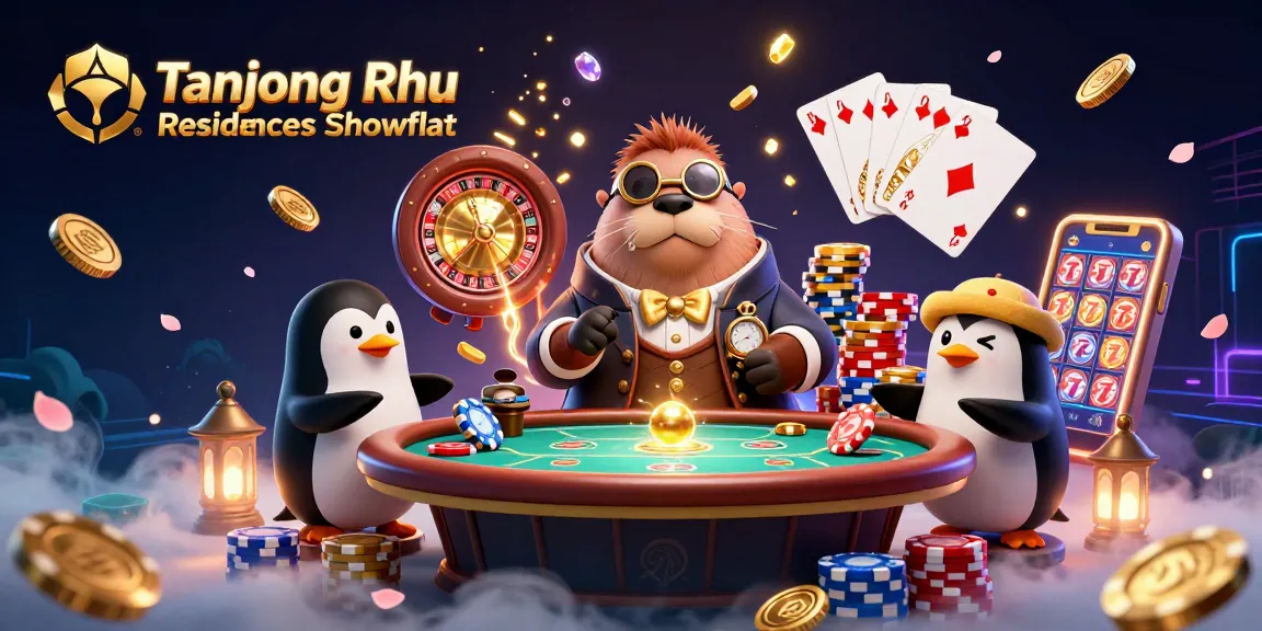 Tanjong Rhu Residences Showflat menampilkan walrus kartun bahagia yang bermain poker, dealer penguin, dan ikan buntal yang sedang menggertak.