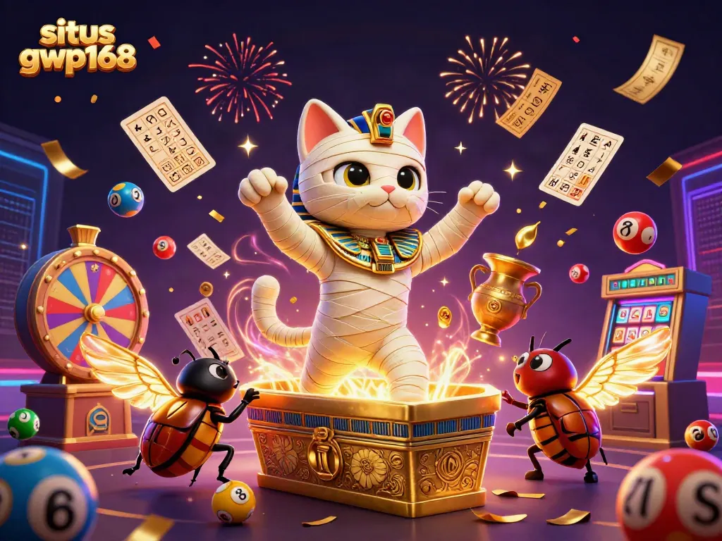Permainan di situs gwp168 menunjukkan kucing mummy Mesir yang mengejutkan di kasino dengan efek berwarna-warni.