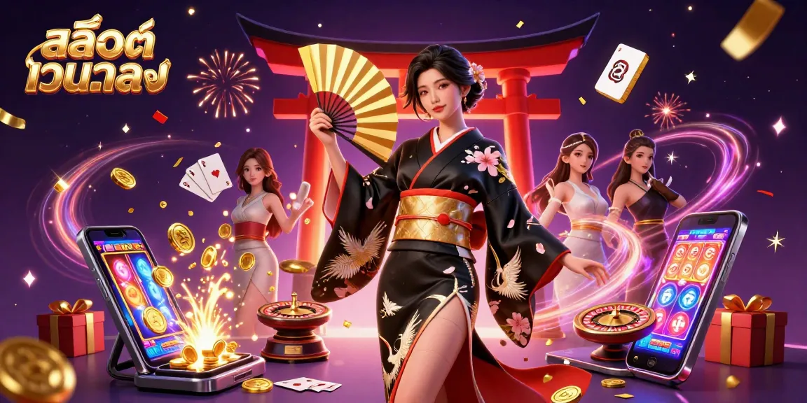 เล่นเกมและชนะกับ สล็อตเว็บตรง โดยมีผู้หญิงในชุดกิโมโนที่สง่างามท่ามกลางองค์ประกอบคาสิโนที่สดใส
