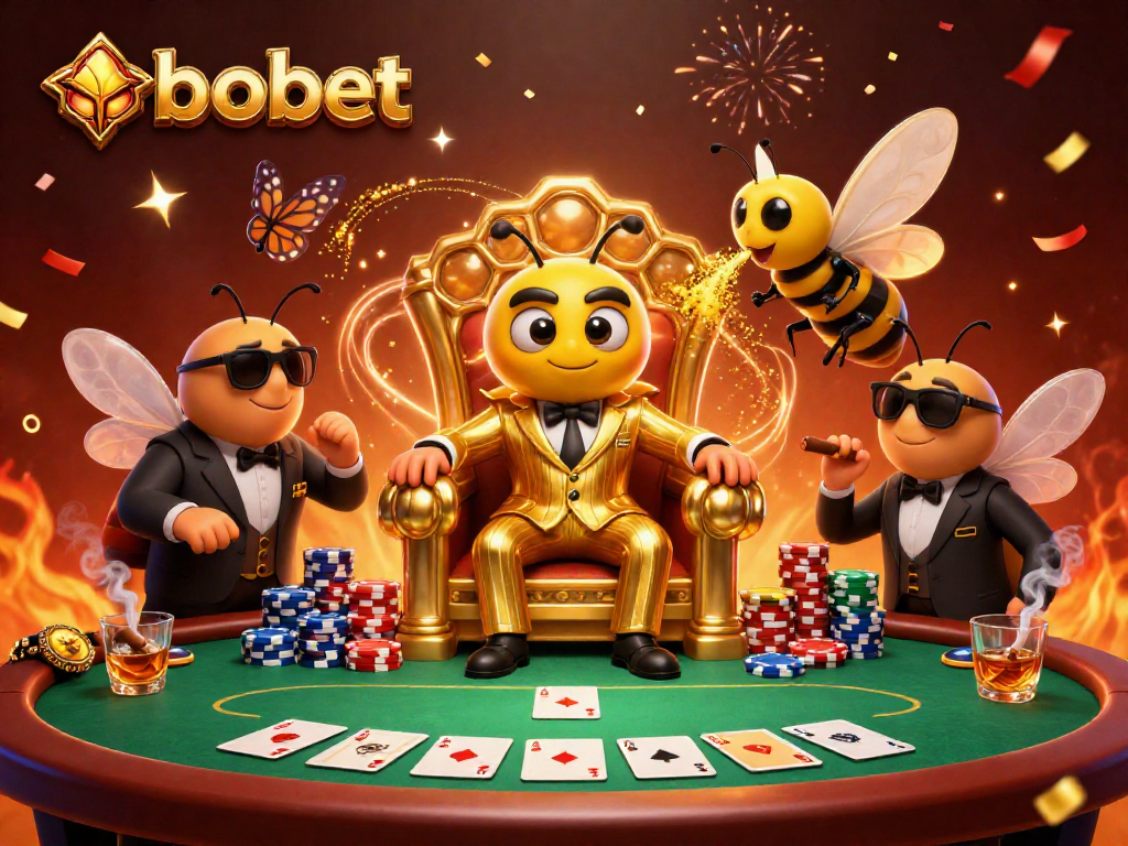 SBOBET offers exciting betting experiences with a lively scene of cartoon bumblebee mob boss surrounded by gambling elements.