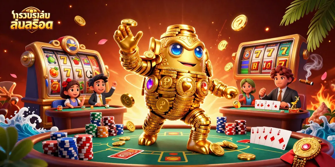 Engage in ทดลองเล่นสล็อต with exciting slot reels and a dynamic golden golem surrounded by casino elements.