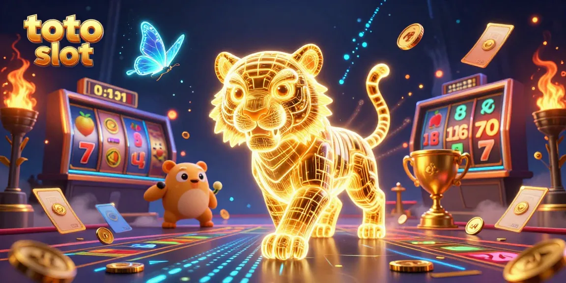 Spin the reels of toto slot in a vibrant digital casino landscape filled with gold coins and dynamic game elements.
