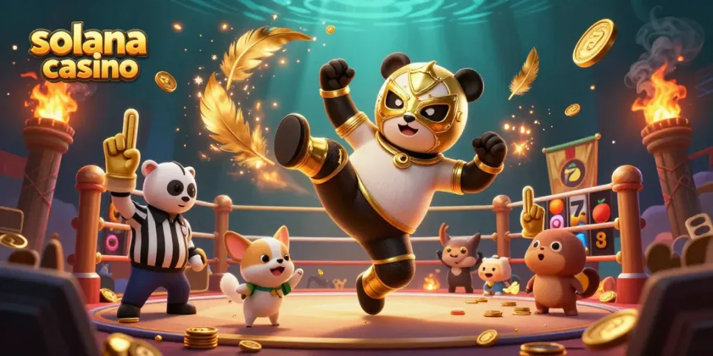 Experience the excitement of solana casino with dynamic 3D characters in a vibrant gambling scene.