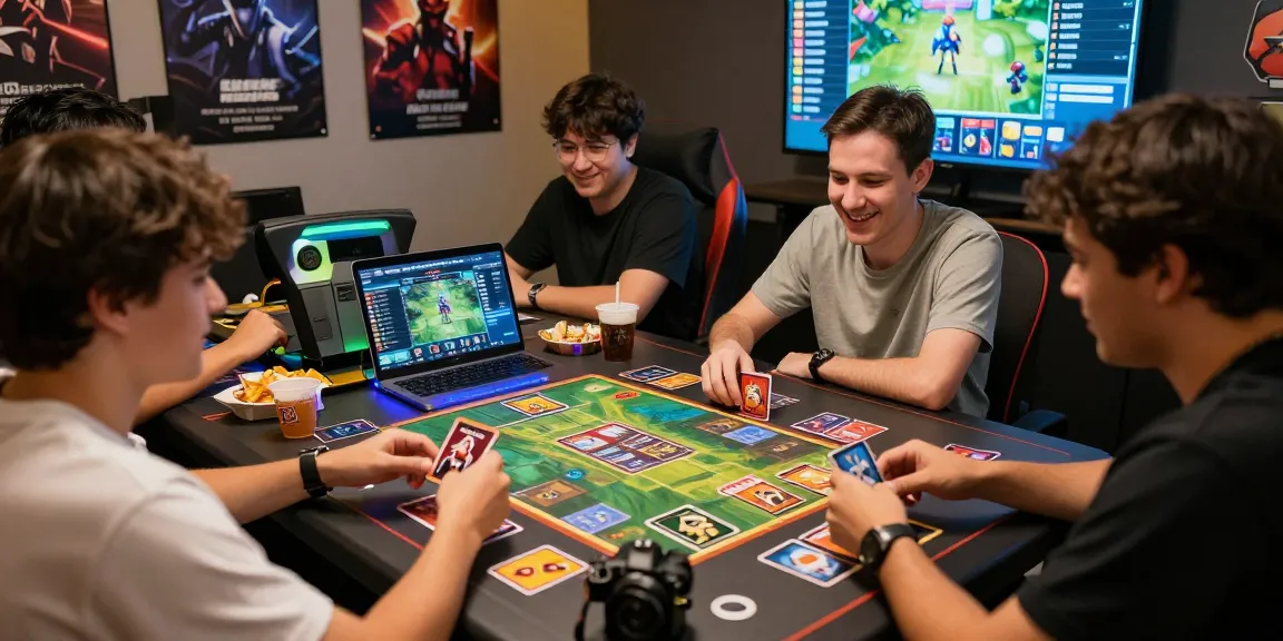 Exciting sunwin gaming scene with enthusiastic players at a digital table, showcasing vibrant cards and lively atmosphere.