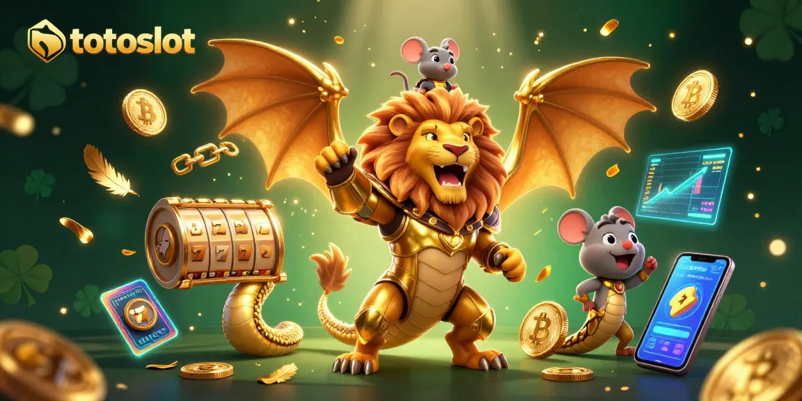 Spin the reels on totoslot with a triumphant chimera in golden armor amidst winning treasures.