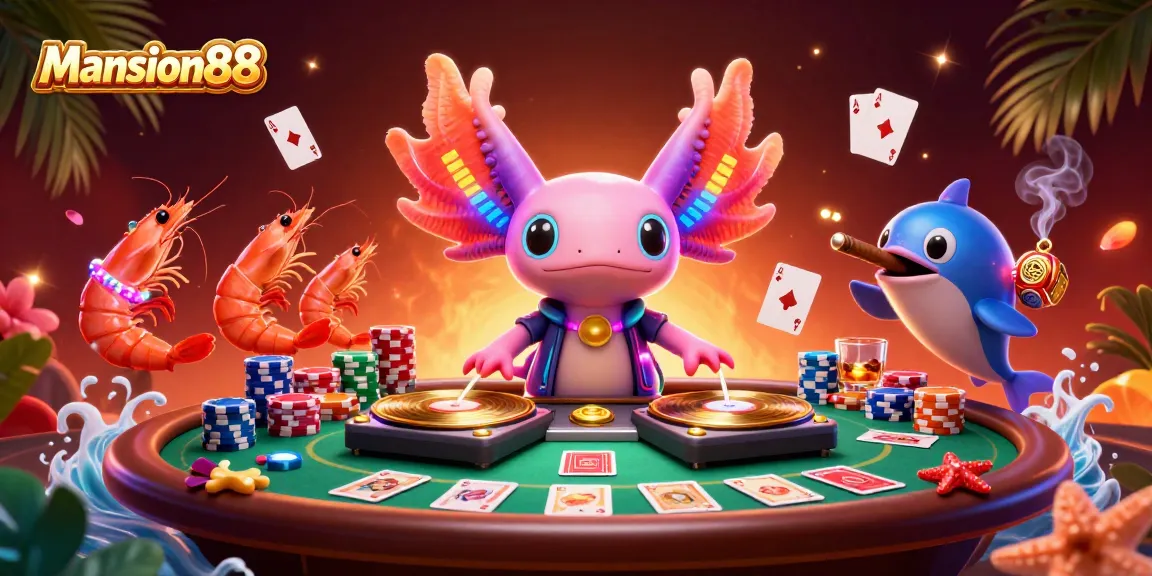 Mansion88 memukau dengan ilustrasi kartun kasino, DJ axolotl neon, ikan hiu, dan permainan poker.