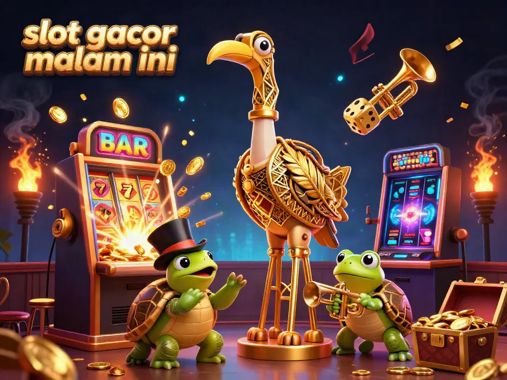 Mengguncang jackpot dengan slot gacor malam ini di kasino digital, dikelilingi karakter kartun ceria.