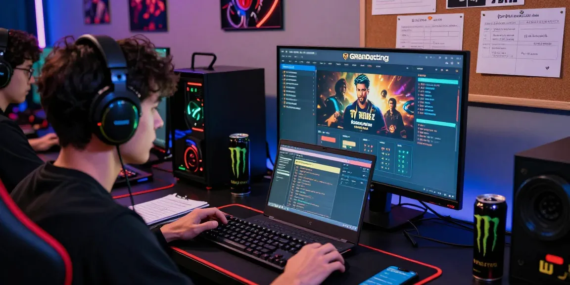 Engaged gamer on Grandbetting platform, focused on live betting setup with gaming peripherals.