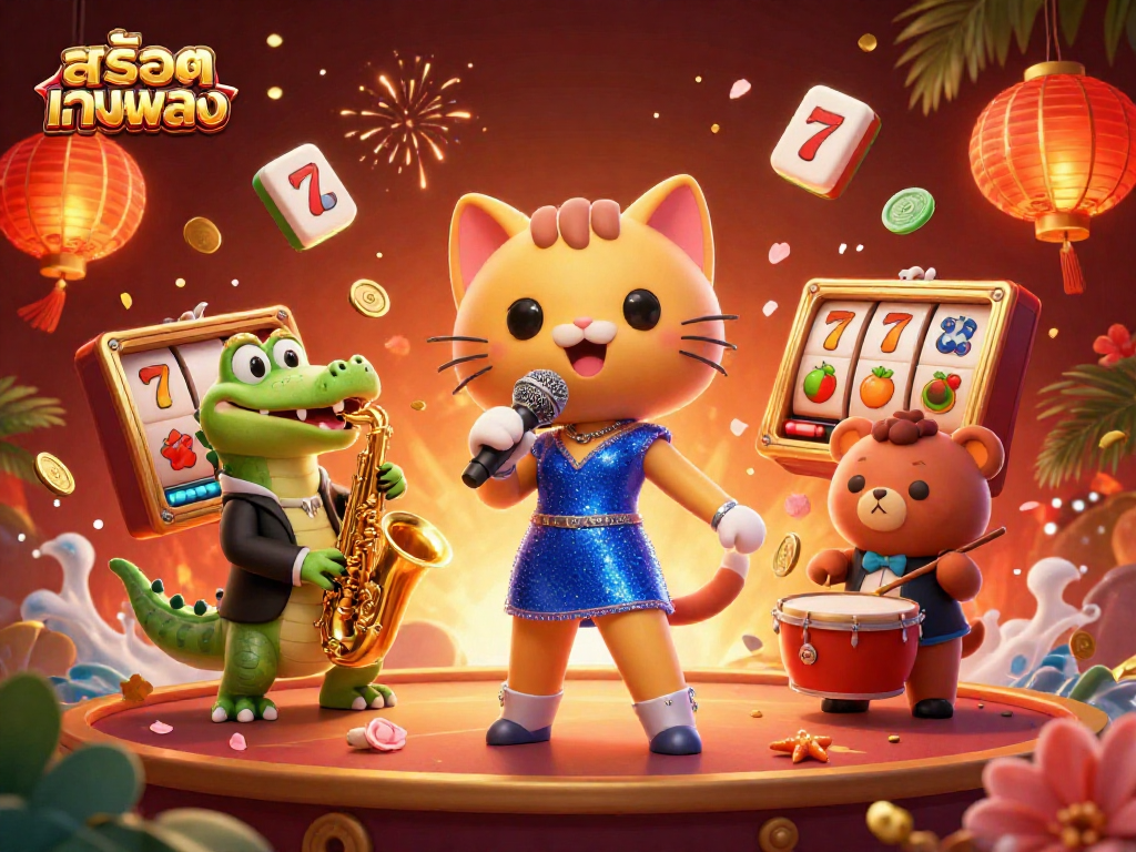 Spin the reels with สล็อตเว็บตรง at an exciting casino concert featuring animated characters and vibrant elements.