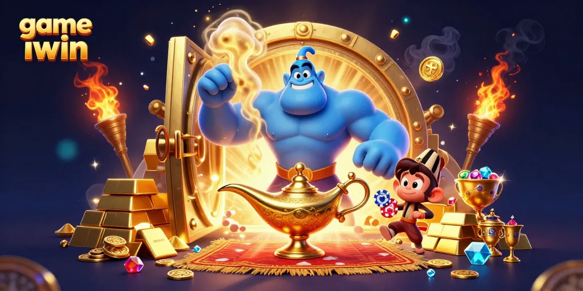 Engage with the game iwin as a genie grants wishes surrounded by treasures and gambling elements.