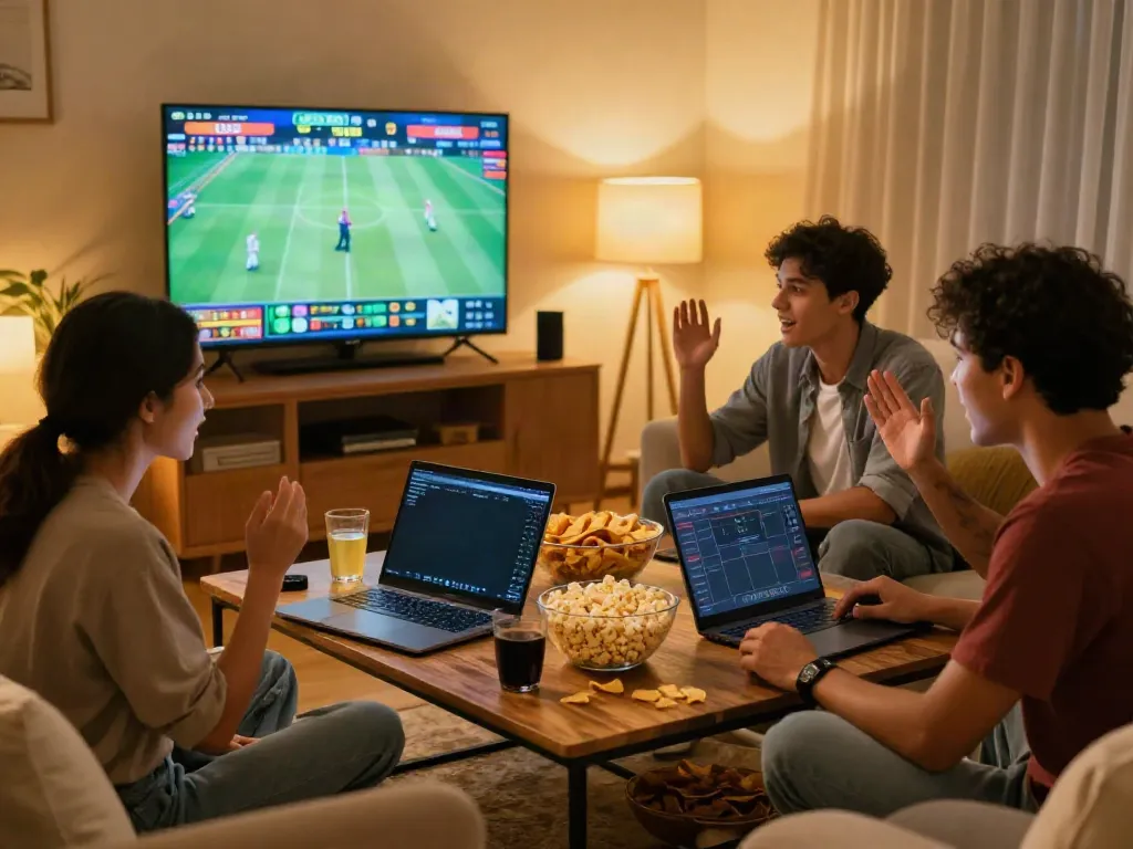 Excited group enjoying unsurtoto gambling experience at home with snacks and drinks.