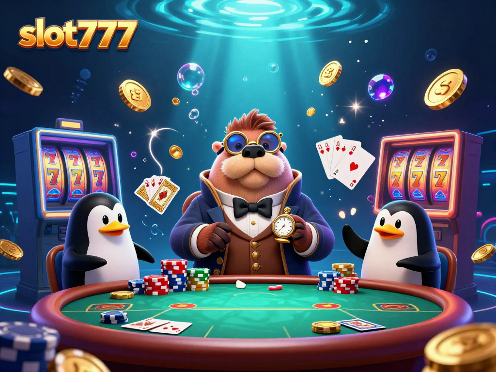 Experience thrilling moments at slot777 with a jolly walrus and friends playing underwater poker.