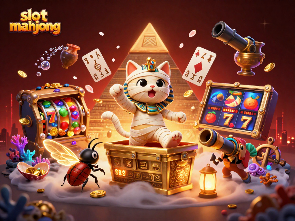 Play slot mahjong to win big, featuring a mummy cat in a vibrant casino scene.