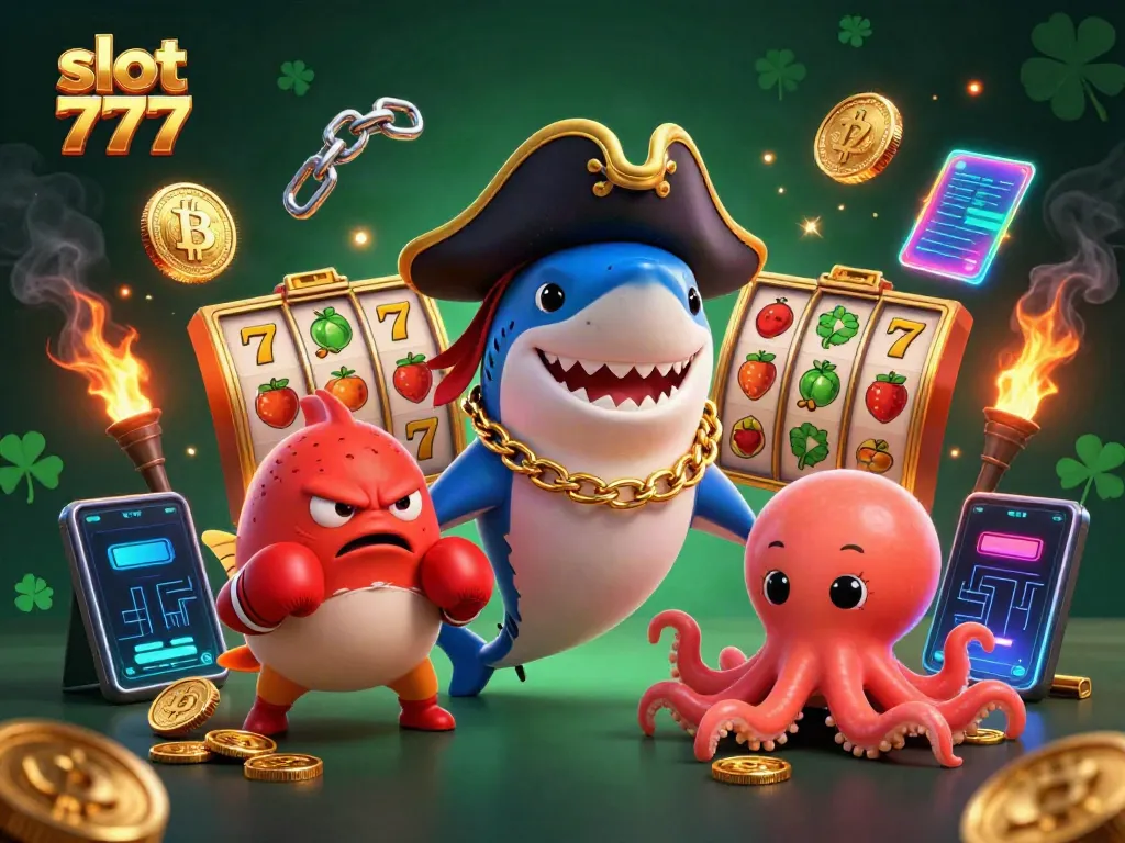 Menyenangkan pengalaman slot 777 dengan karakter kartun laut termasuk ikan hiu, ikan buntal, dan gurita yang membawa koin emas.