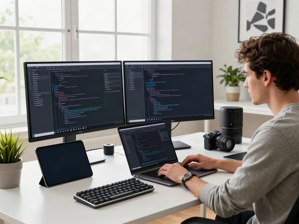 A80 homepage tech workspace featuring a focused developer coding on dual monitors with design tools and natural light.