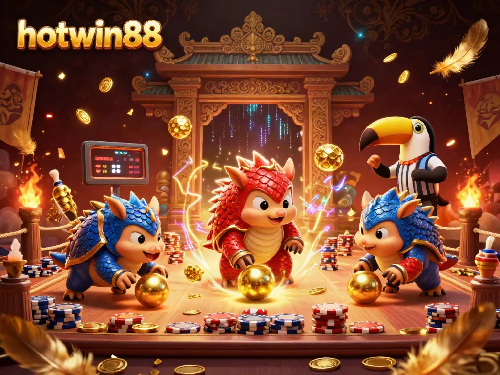 Experience thrilling gameplay with hotwin88 as rival pangolins battle through poker chips in this vibrant casino scene.