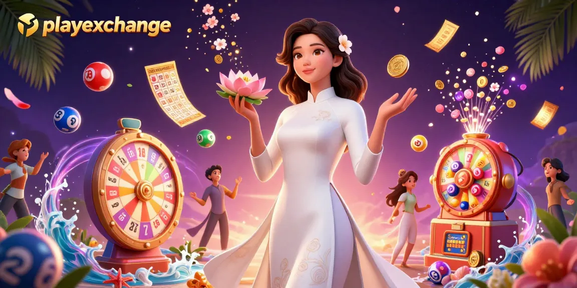 Playexchange features an elegant scene with an Asian woman holding a lotus flower among vibrant lottery elements.