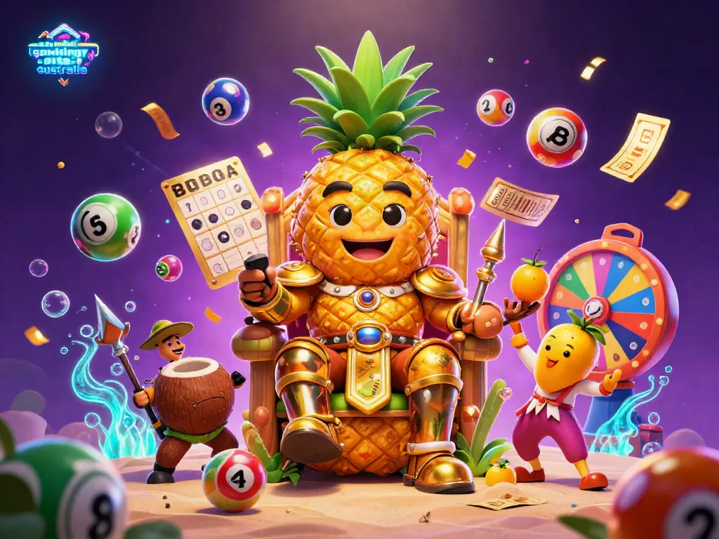 Engaging scene of a golden pineapple king and companions showcasing safe online gambling sites australia through playful casino elements.