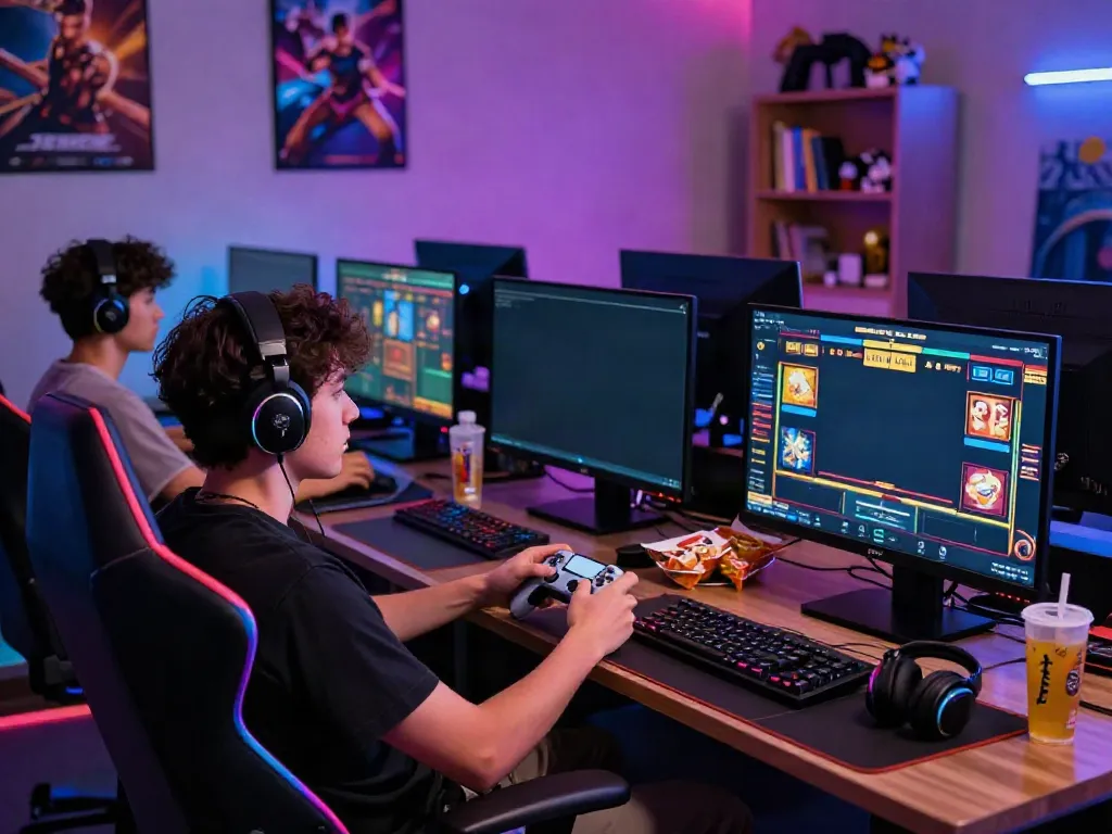 Online gamers enjoying an exciting slot game with engaging visuals and vibrant room lighting in a modern setup.