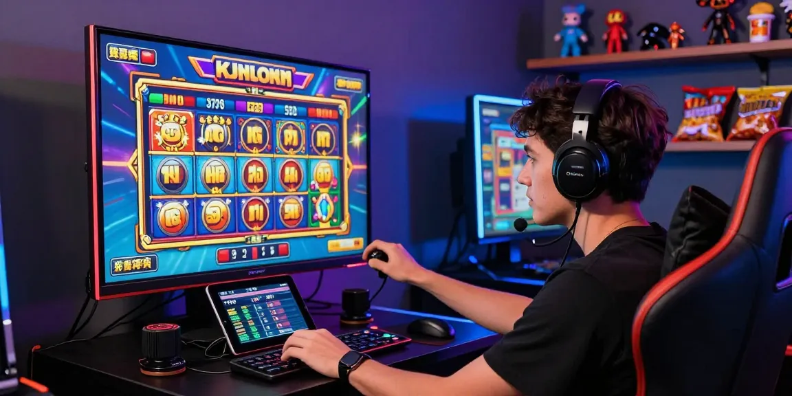 Pengguna toto slot berfokus pada permainan mesin slot online dengan aksesori gaming menarik dan suasana ceria.