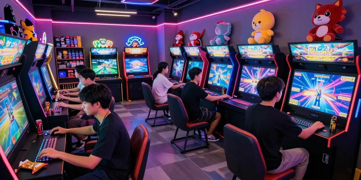 Exciting gaming group in an interactive hit club arcade setting, surrounded by neon lights and energetic atmosphere.