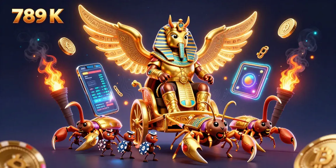 Engage with 789 K's thrilling gaming experience featuring a colossal golden scarab and vibrant casino elements.