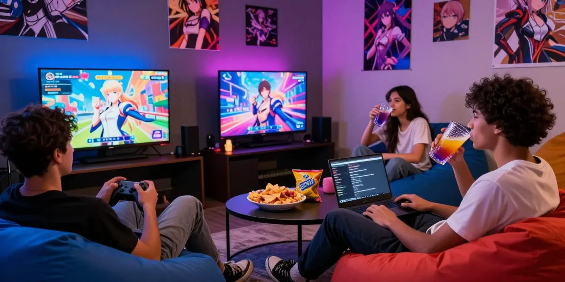 Friends enjoying a hentai game in a vibrant gaming lounge atmosphere.