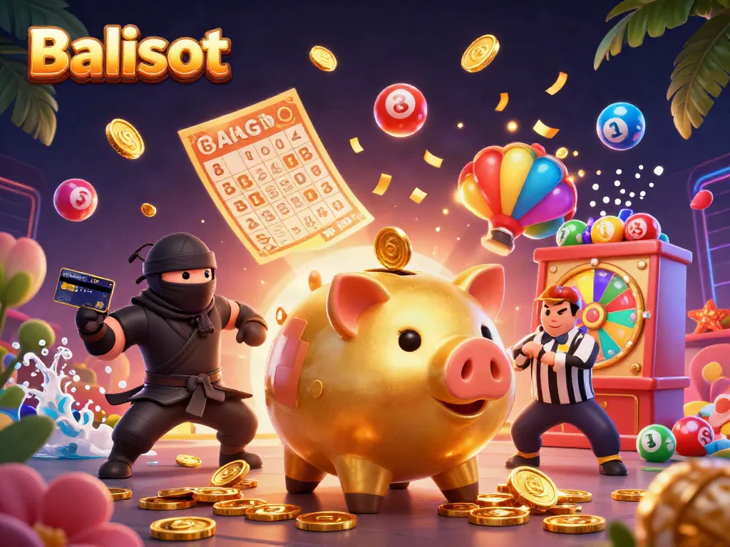 Balislot's thrilling gaming scene featuring a golden piggy bank sumo wrestler and other vibrant casino elements.