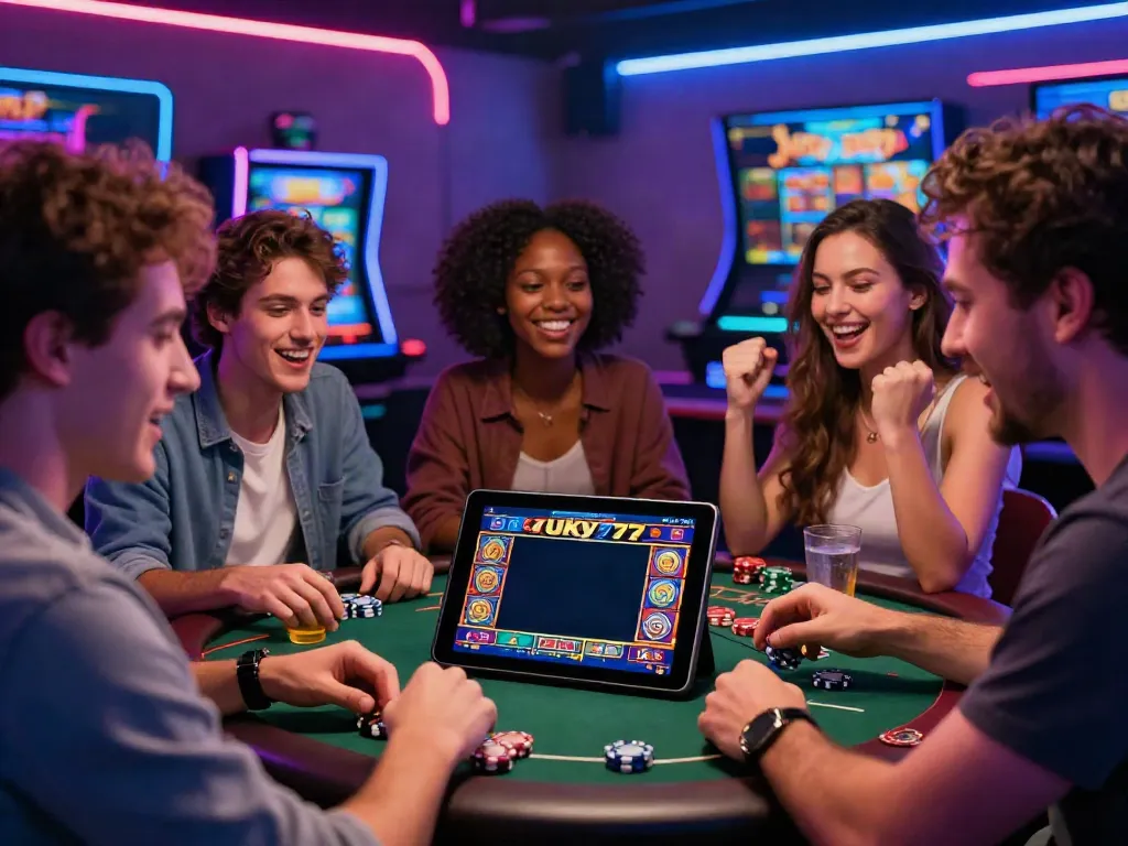 Friends enjoying the Lucky777 online casino together with engaging graphics and vibrant atmosphere.