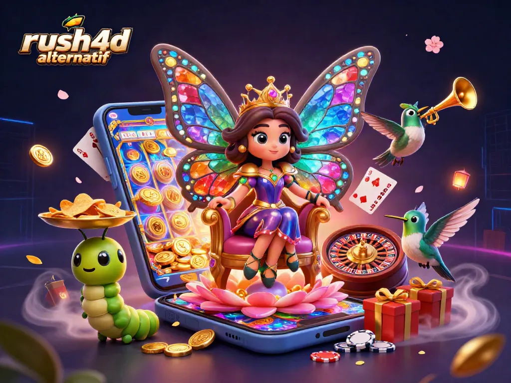 Rasakan keseruan judi dengan rush4d alternatif dalam ilustrasi kasino berenergi dan penuh warna.