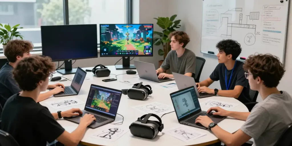 Creative team collaborating on gaming projects, showcasing game design software