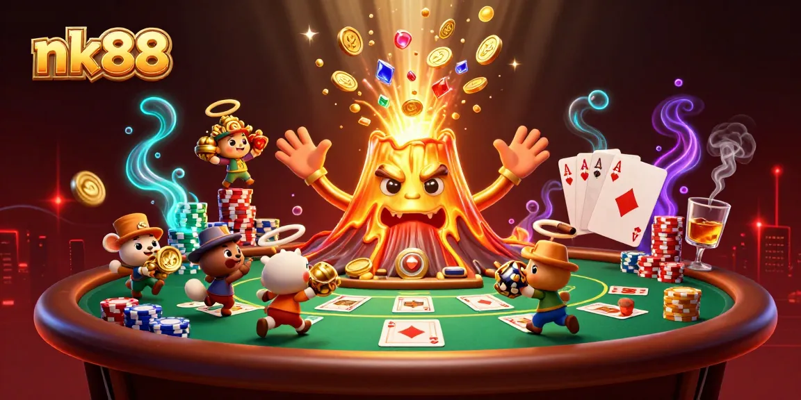 Engage with the nk88 online casino scene featuring a erupting treasure volcano and poker elements.
