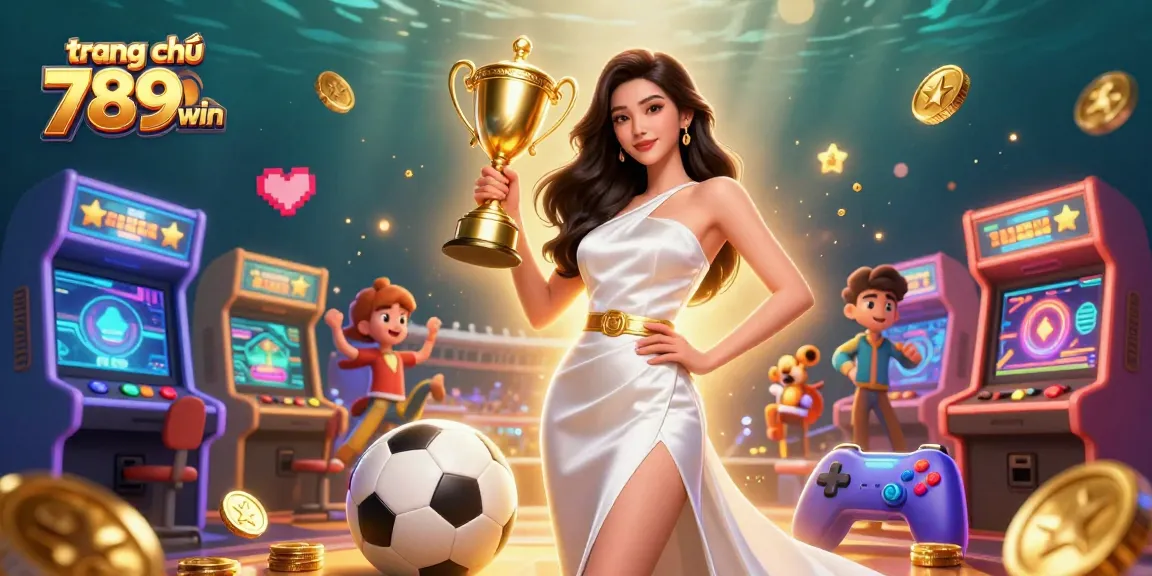 Experience thrilling gameplay at trang chủ 789win with a victorious woman holding a golden trophy.