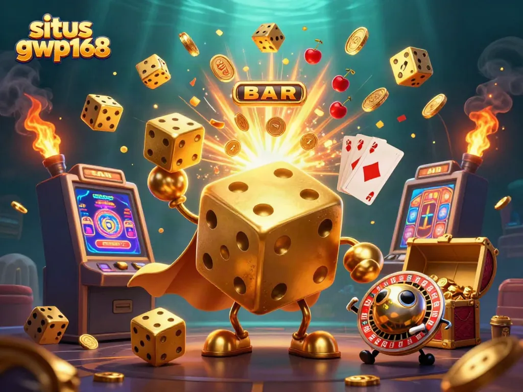 Visualisasi interaktif situs gwp168 dengan karakter dadu emas dan mesin slot yang memancarkan koin jackpot.