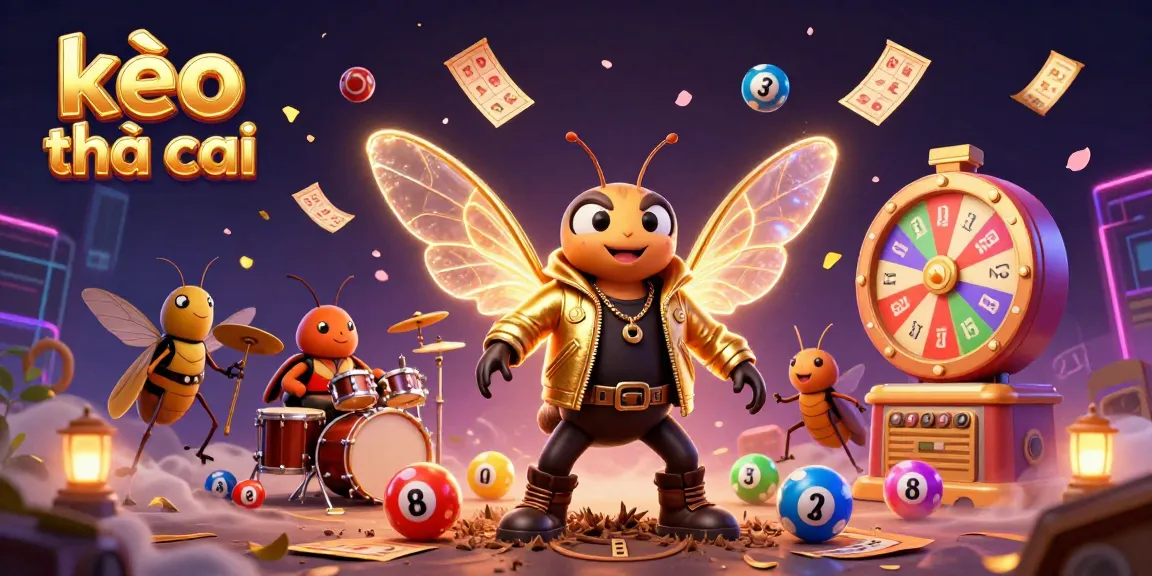 Experience thrilling kèo nhà cái action with vibrant illustrations of a rock star cicada and lottery elements.