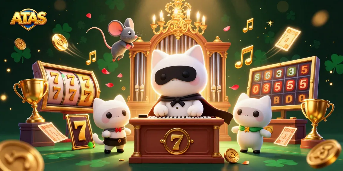 Play at ATAS Casino with playful characters in a vibrant 3D gambling scene featuring slot machines and trophies.