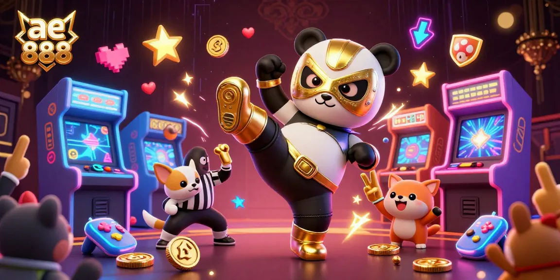 Experience thrilling action at ae 888 with a panda wrestler amidst dynamic casino gaming elements.