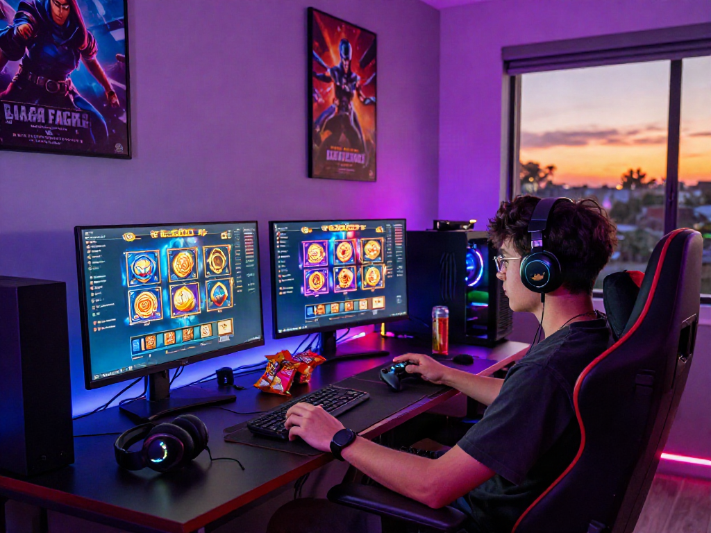 Engaged gamer enjoying slot gacor games in a vibrant gaming setup with neon lights.