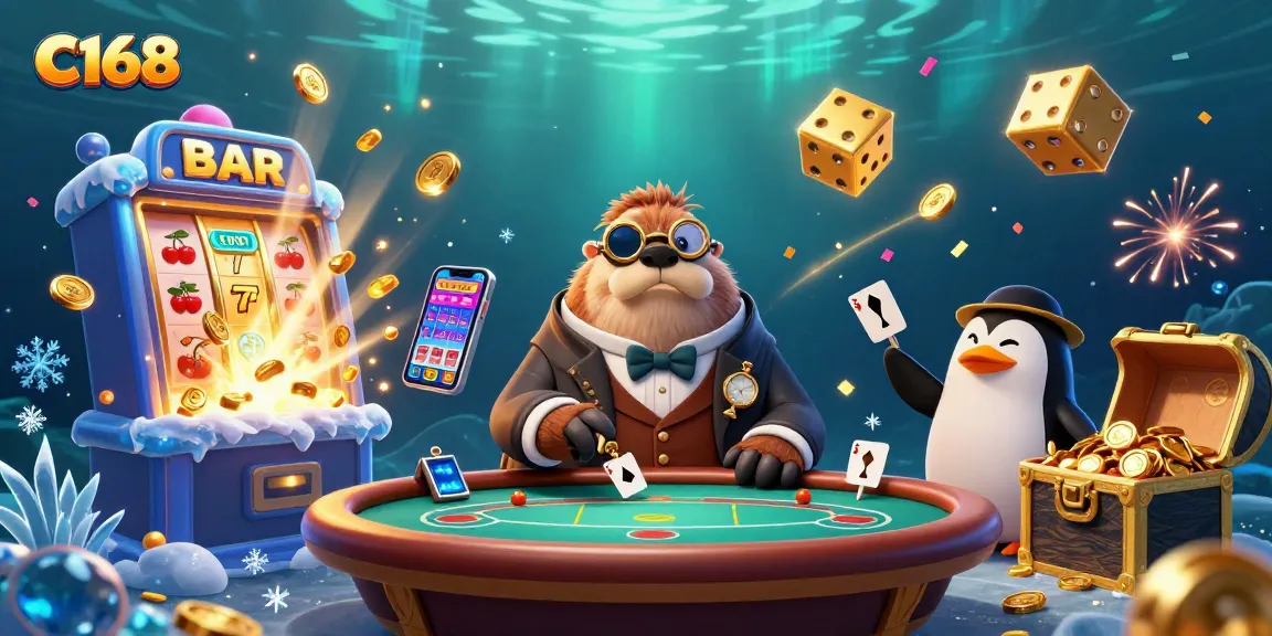 Experience C168's immersive underwater poker action with a jolly walrus and friends at a vibrant casino.