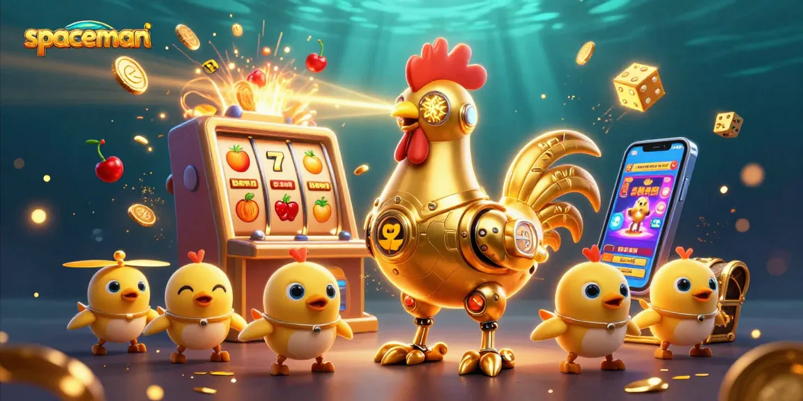 Experience the spaceman theme with vibrant slot machines and golden treasures in this dynamic casino illustration.