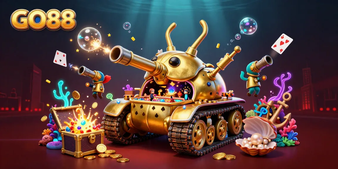 Engage with GO88's vibrant casino experience featuring gold coins, miniature patrons, and dynamic gaming elements.