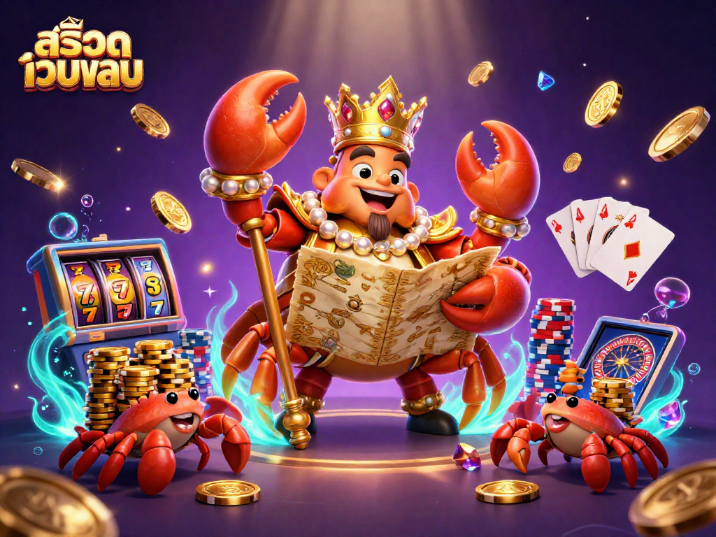 Engage with สล็อตเว็บตรง while enjoying vibrant casino action featuring a golden crab and treasure elements.