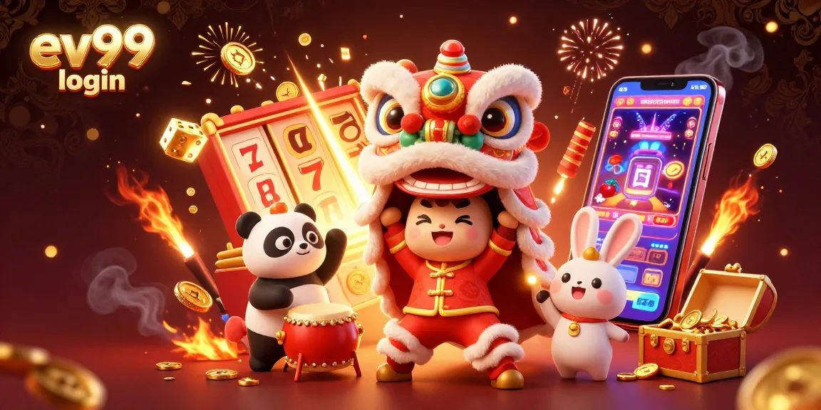 Engage in exciting gaming at ev99 login with vibrant characters, jackpot symbols, and a lively casino atmosphere.