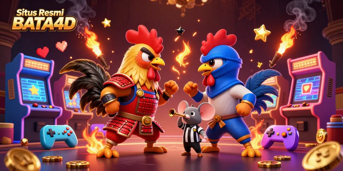 Situs Resmi BATA4D memperlihatkan pertarungan seru antara ayam dalam armor samurai dan ninja, dikelilingi elemen permainan kasino.