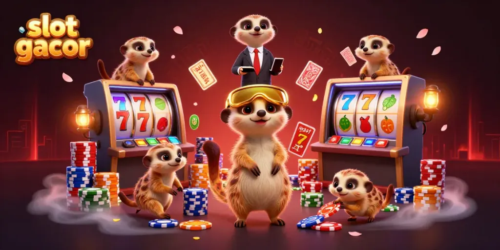 Menampilkan slot gacor dengan karakter meerkat yang menjalankan operasi kasino yang dinamis dan penuh detail.