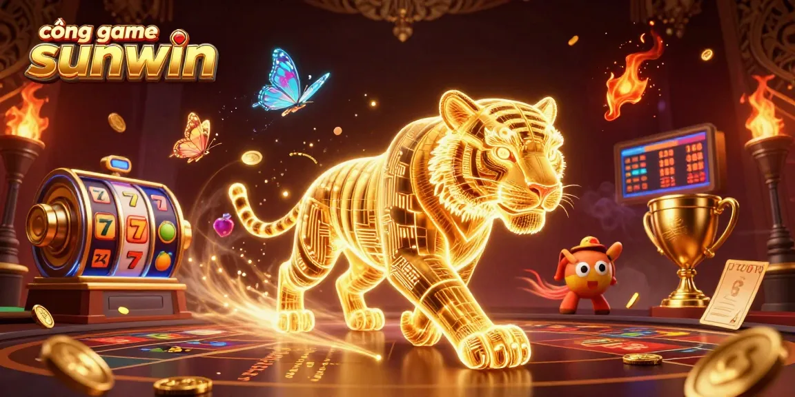 Join the excitement at cổng game sunwin with a dazzling digital casino illustration featuring a radiant golden tiger.